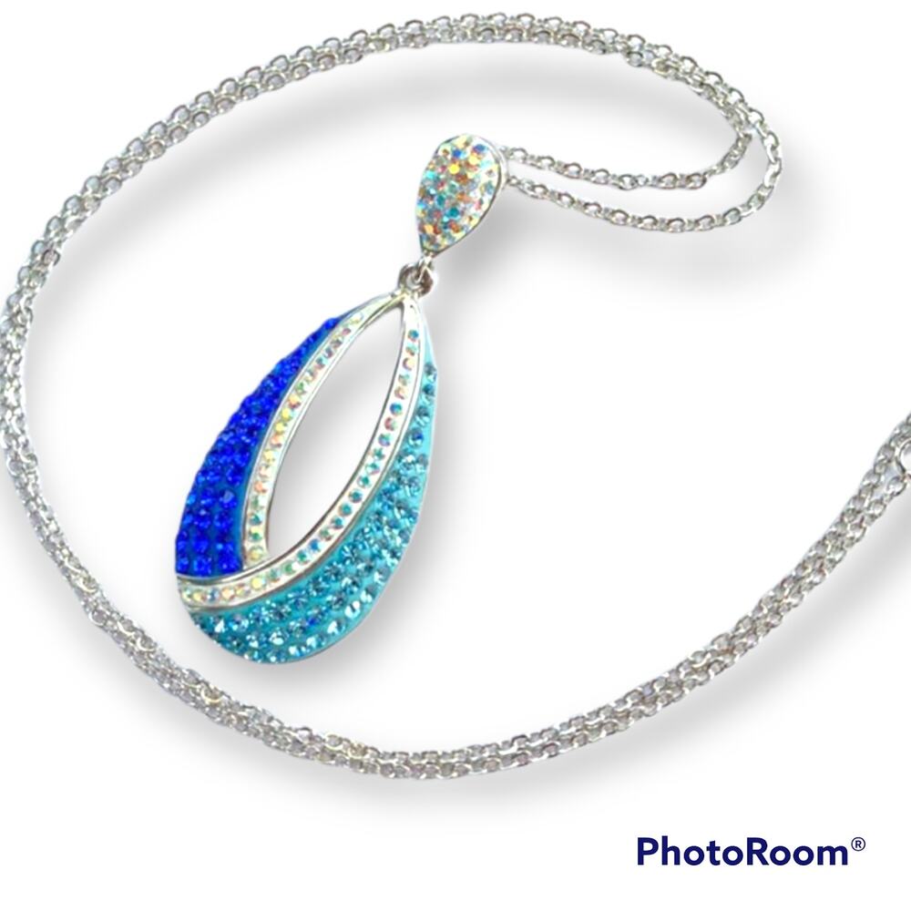 Dainty two-tone blue crystal necklace, silver-tone chain and findings